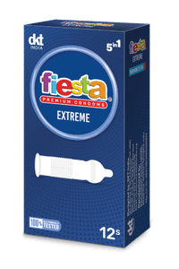 Pack of Fiesta Extreme premium condoms by DKT India, 12’s pack with 5-in-1 features.