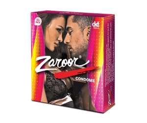Pack of Zaroor condoms by DKT India, 3’s pack with couple image on the box.